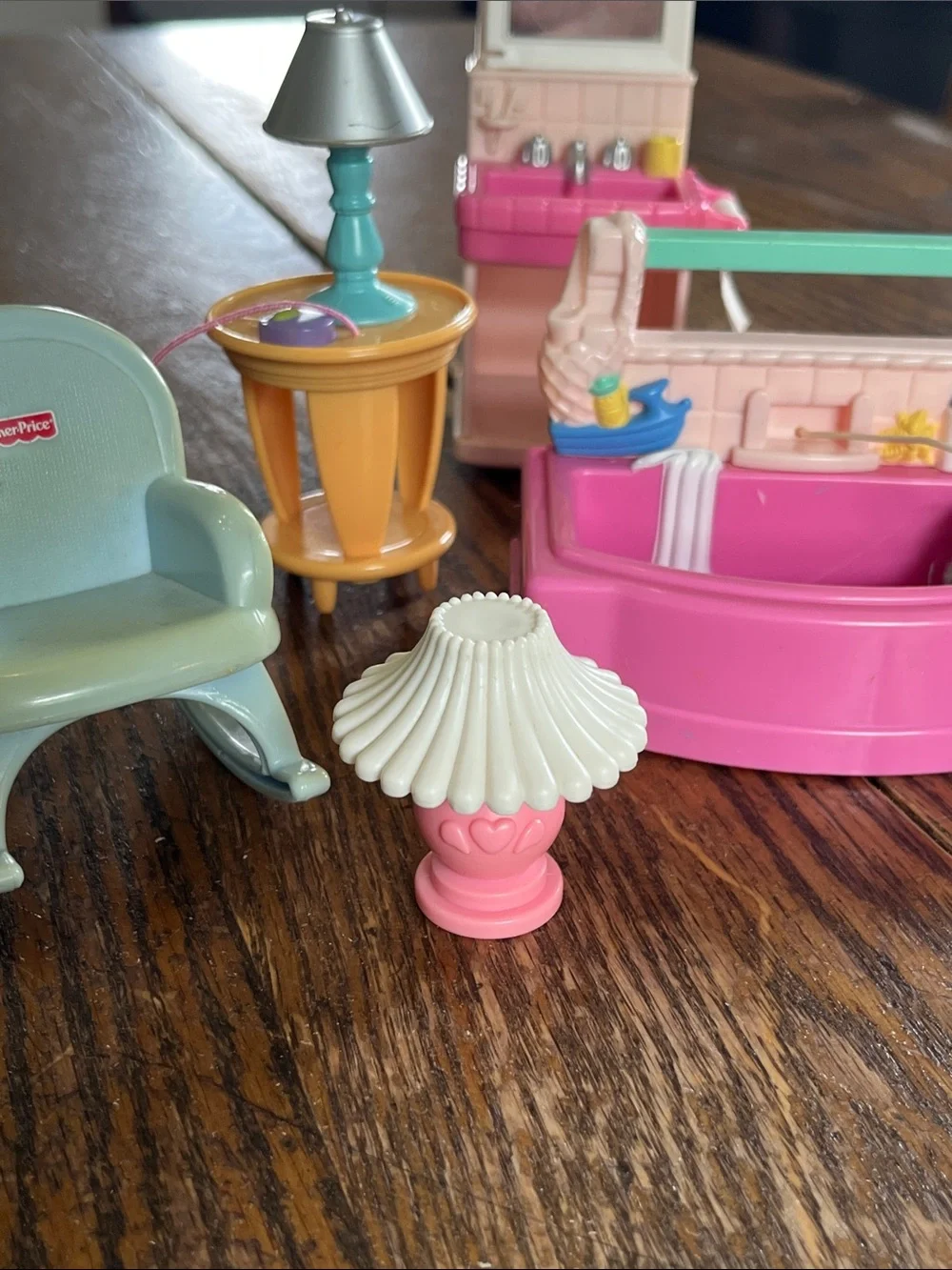 Vintage Fisher-Price Pink, Teal & Yellow Dollhouse Bath and Vanity Set